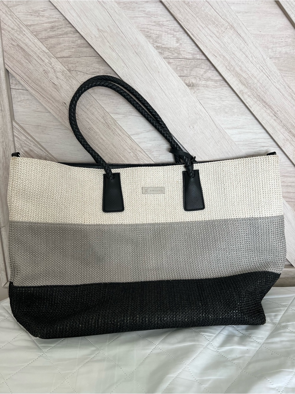 A/X Armani Exchange Tri-Stripe Woven Tote - Black, Gray & Cream